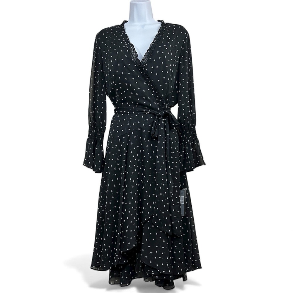 Tahari Polka‎ Dot Faux Wrap Dress 8 Black White Asymmetrical Hem Sheer Ruffle